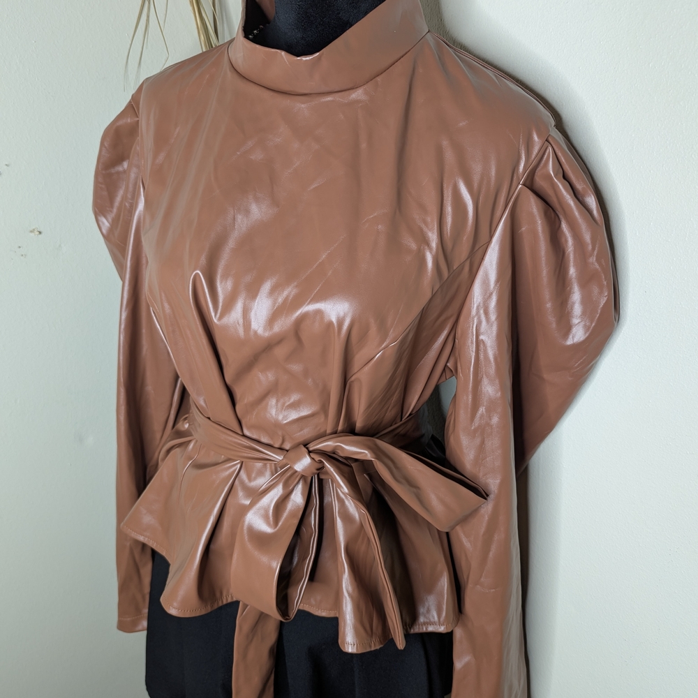 Brown Faux Leather Peplum Jacket - Picture 4 of 5